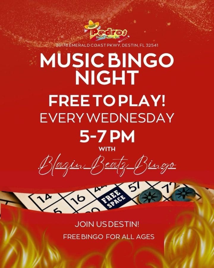 Winter Happy Hours and Live Entertainment During Snowbird Season 2025 in Destin and Miramar Beach #bingo night pedros